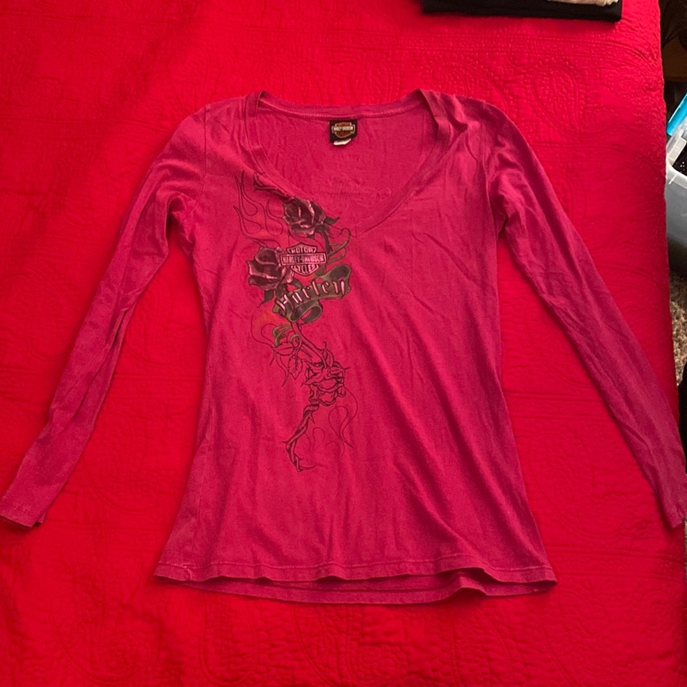 Large pink long sleeve Harley Davidson (HD) V neck shirt